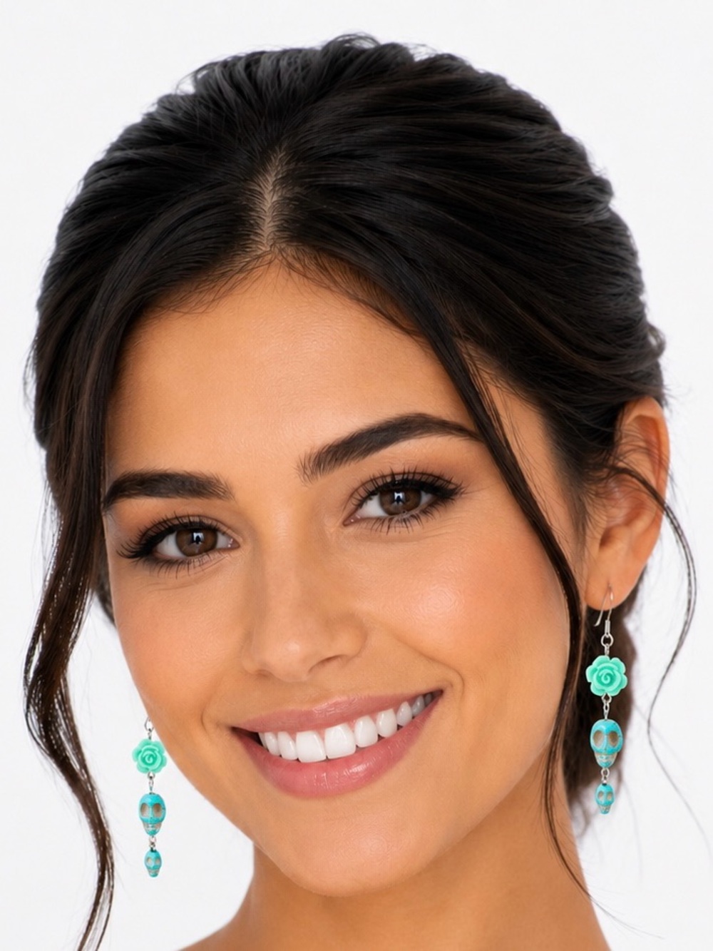 Turquoise Double Stone Skull with Floral Earrings